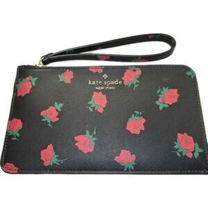 Kate Spade Black Rose Floral Wristlet | Saffiano Leather Zip Clutch